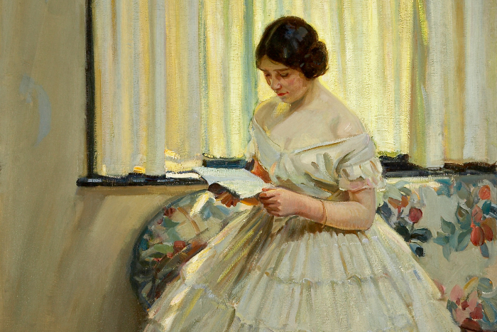 Woman in Victorian Dress reading a book. Painted by Helen McNicoll